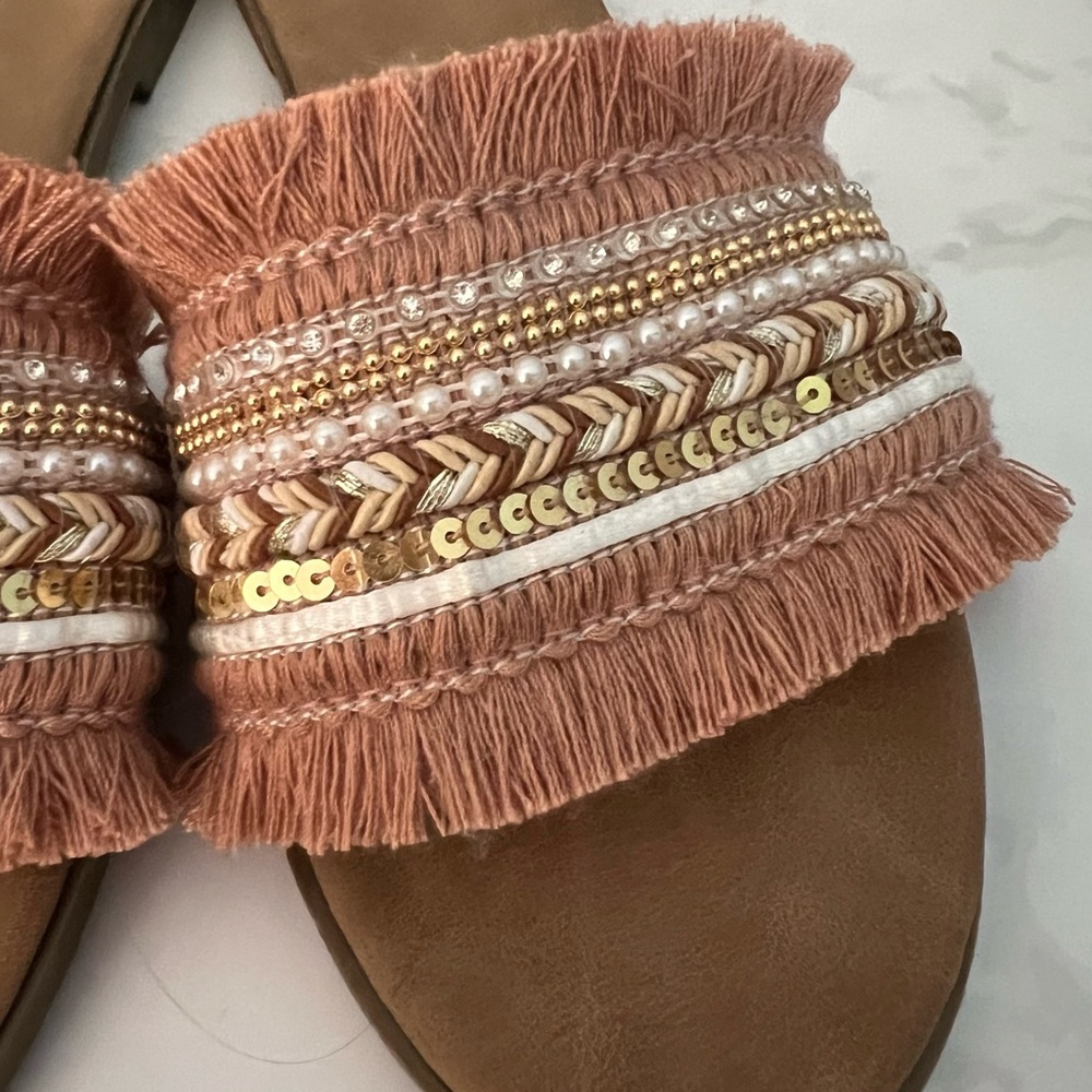 Like New Pink Fringe Pearl Sequin Boho Slide Sandals - Picture 4 of 10